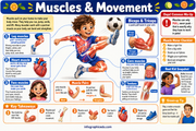 Educational poster about muscles and movement with a soccer player illustration and various muscle-related graphics.