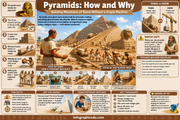 Educational infographic about the construction of pyramids with step-by-step process and facts.