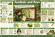 Educational poster about symbols and keys with illustrations and text.
