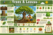 Educational poster about trees and leaves with illustrations and text.