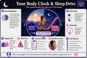 Educational graphic about body clock and sleep drive with a woman and moon phases illustration.