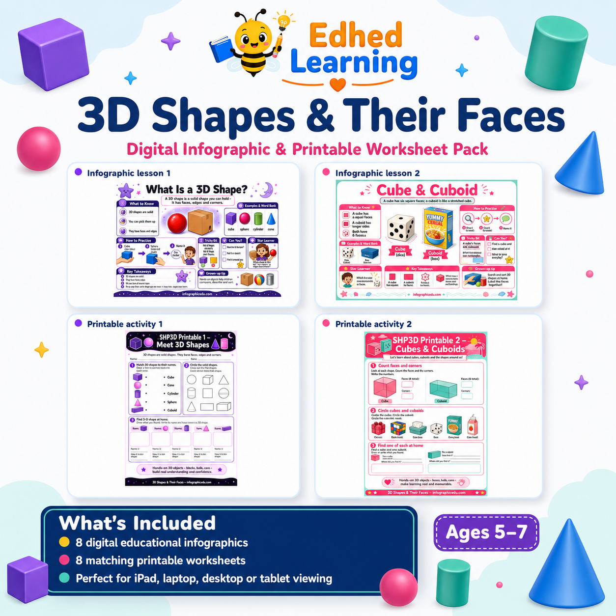 Edhed Learning 3D Shapes & Their Faces digital course with infographic and printable worksheet previews