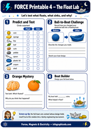 Educational worksheet titled 'FORCE Printable 4 - The Float Lab' with various activities related to buoyancy and boat building.
