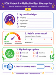 Mobilised Signs & Discharge Plan worksheet with colorful graphics and text.