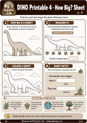 Dinosaur-themed activity sheet for children to measure and color dinosaurs, with text and graphics on a brown background.