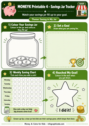 Savings jar tracker for children with a piggy bank, star, and chart on a green background.