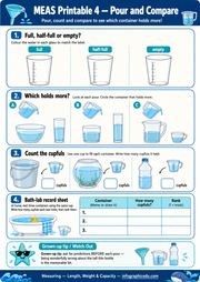 Educational worksheet on measuring volume with cups and containers.