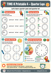 TIME-K Printable 4 - Quarter Laps educational worksheet with clock images and activities.