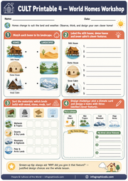Educational worksheet titled 'CULT Printable 4 - World Homes Workshop' with various activities and illustrations.