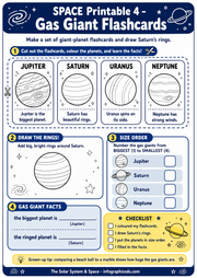 Space-themed flashcards for gas giants with illustrations and facts.