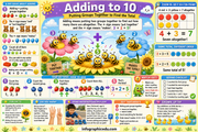 Educational poster about adding to 10 with bees and flowers