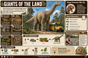Educational infographic about dinosaurs with a large dinosaur model, school bus, and size comparison chart.