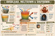 Educational infographic about overload, meltdown, and shutdown with colorful graphics and text.