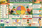 Educational poster about telling time with a clock illustration and tropical decorations.