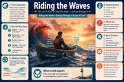 Infographic titled 'Riding the Waves' with a person in a boat on a wave, surrounded by text and icons.