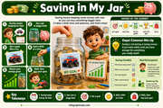Educational infographic on saving money titled 'Saving in My Jar' with illustrations and text.