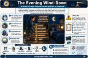 Infographic titled 'The Evening Wind-Down' with steps for a gentle bedtime routine.