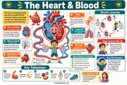 Educational poster about the heart and blood system with illustrations and text.
