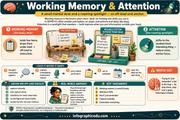 Educational poster about working memory and attention with illustrations and text.