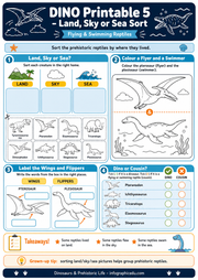 Dinosaur sorting activity sheet with illustrations and text