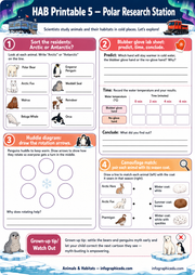 HAB Printable 5 - Polar Research Station educational worksheet with activities and illustrations.