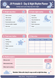 Day and Night Rhythm Planner for babies with checklists and illustrations on a blue background.