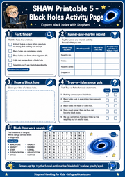 SHAW Printable 5 Black Holes Activity Page with educational content on a blue background