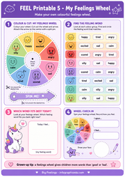 Colorful feelings wheel worksheet with various emotions and a unicorn illustration on a purple background.