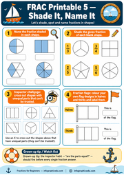 Educational worksheet for teaching fractions with a nautical theme, including shapes and fraction flags.