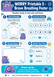 Brave Breathing Poster for children with instructions and a purple monster character.