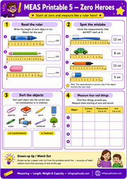 Educational worksheet titled 'MEAS Printable 5 - Zero Heroes' with measurement activities.