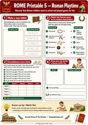 Educational worksheet about Roman playtime with activities and illustrations.