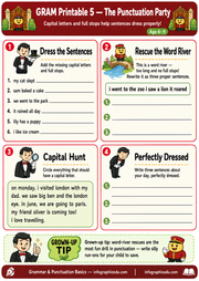 Educational worksheet for children on punctuation and capitalization with graphics and text.