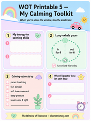 Calming toolkit worksheet with colorful design and text on a blue background