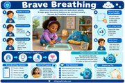 Brave Breathing educational poster with a child and blue creature in a room, teaching breathing techniques.
