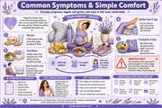 Infographic on common pregnancy symptoms and comfort tips with a woman holding a belly.