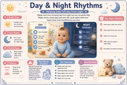 Infographic on day and night rhythms for babies with illustrations and text.