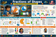 Educational poster about fractions of shapes with a child at a desk and various mathematical illustrations.