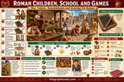Educational infographic about Roman children, school, and games with illustrations and text.