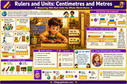 Educational poster about rulers and units, specifically centimetres and metres, with a child using a ruler.