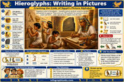 Educational poster about hieroglyphics with Egyptian-themed graphics and text.