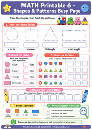 Math worksheet for shapes and patterns with colorful train graphics and checkboxes.