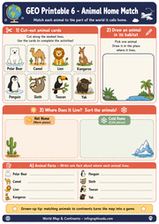Educational worksheet for matching animals to their habitats and homes