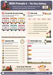 Educational worksheet from The Story Railway with story elements, order words, and comprehension questions.