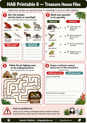Educational worksheet on animals and their habitats with sorting, matching, and maze activities.