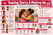 Educational poster on saying sorry and making up with illustrations and text.