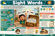 Educational poster about sight words with a child holding letters and a treasure chest of words.