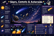 Educational graphic about stars, comets, and asteroids with illustrations and text.