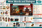 Educational infographic on 'Wow Words and Dialogue' with characters and text boxes.