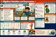 Algebra variables and expressions Grade 6 maths infographic with like terms and substitution